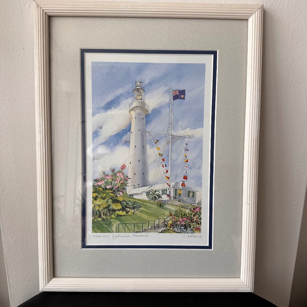 GIbbs Hill Lighthouse Bermuda Watercolor Signed print C. Holding Framed 13”x17”